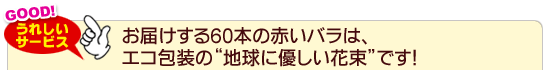 お届けする60本の赤いバラは、エコ包装の“地球に優しい花束”です！